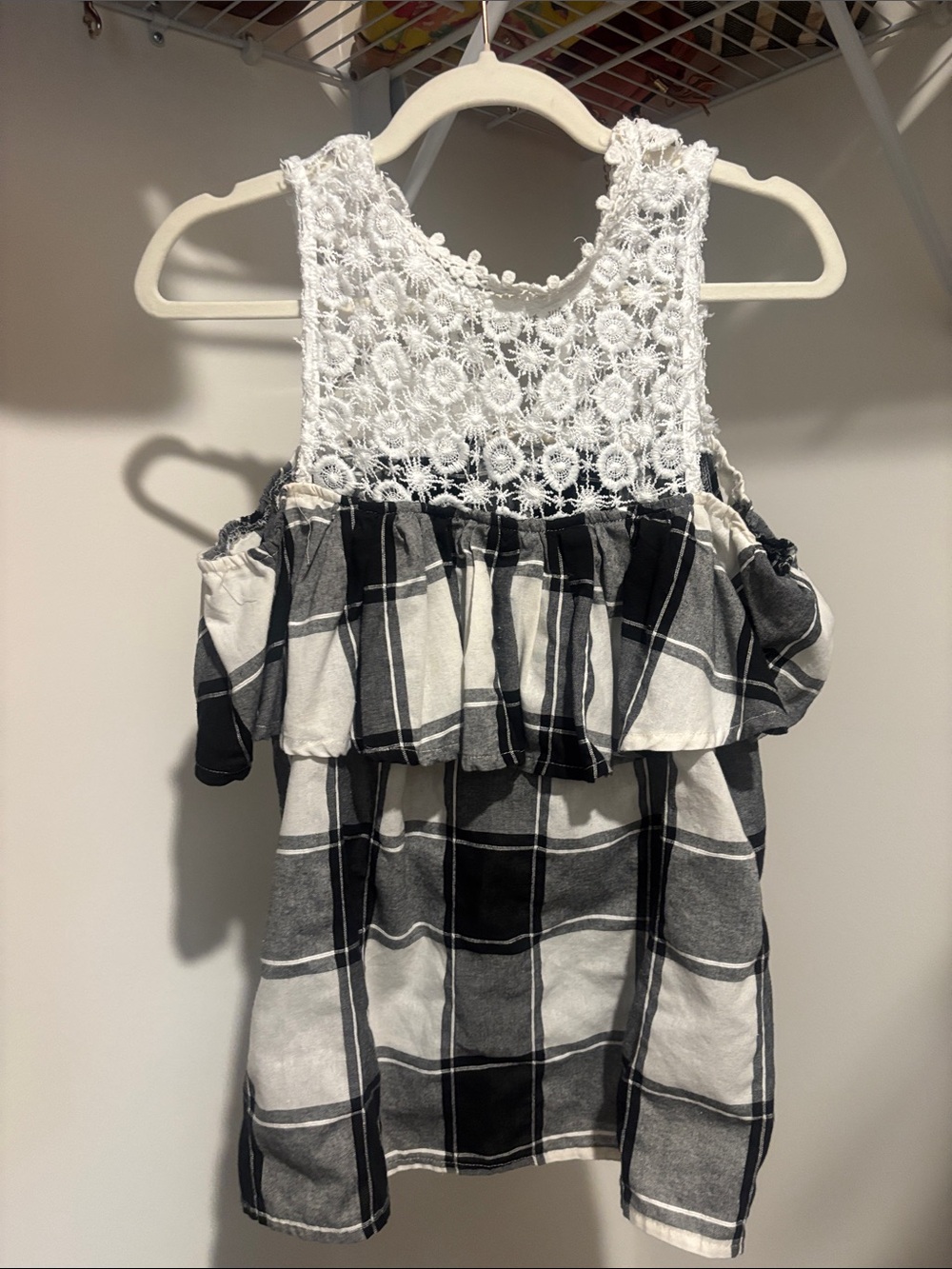 Entro Black & White Plaid Crochet Cold-Shoulder Top
